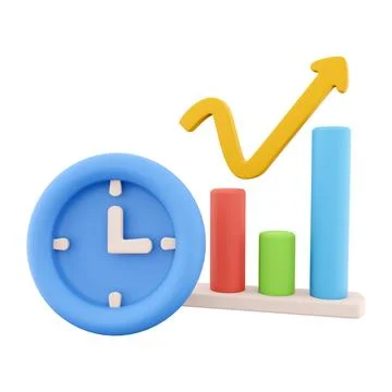3D rendering clock and color graphs pointing up icon. 3d render chart and oclock Stock Illustration