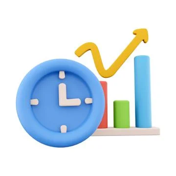 3D rendering clock and color graphs pointing up icon. 3d render chart and oclock Stock-Illustration