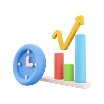 3D rendering clock and color graphs pointing up icon. 3d render chart and oclock Stock Illustration