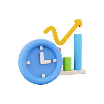 3D rendering clock and color graphs pointing up icon. 3d render chart and oclock Stock Illustration