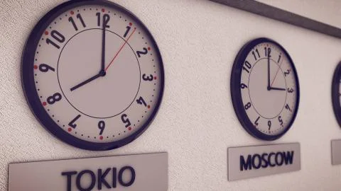 3d rendering of Clocks on wall(Tokio, Moscow), symbol for Greenwich Mean Time Illustrazione stock