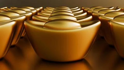 A 3d rendering of close-up of Chinese gold sycees also known as yuan bao. Stock Illustration