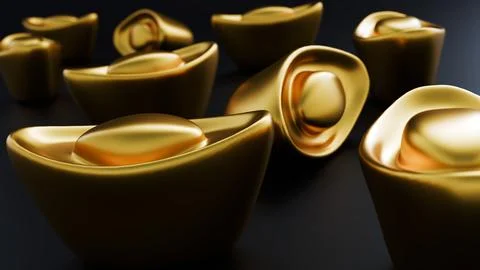 A 3d rendering of close-up of Chinese gold sycees also known as yuan bao. Stock Illustration