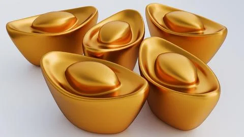 A 3d rendering of close-up of Chinese gold sycees also known as yuan bao. Stock Illustration
