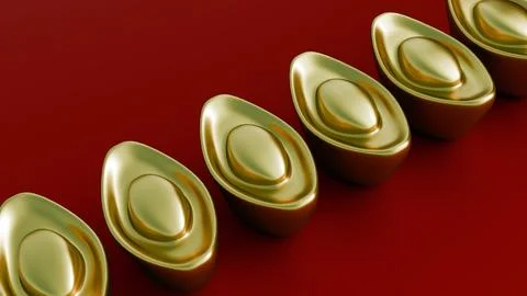 A 3d rendering of close-up of Chinese gold sycees also known as yuan bao. Stock Illustration