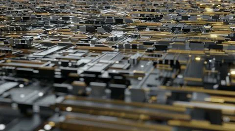 A 3D rendering close up of a motherboard with different types of microchips a Stock Illustration