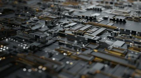 A 3D rendering close up of a motherboard with different types of microchips a Stockillustratie