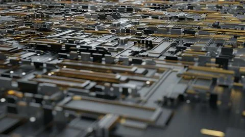 A 3D rendering close up of a motherboard with different types of microchips a Stockillustratie