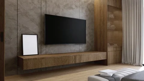 3d rendering. Close up TV and wood shelf decor interior room decoration. Stock Footage 244455139