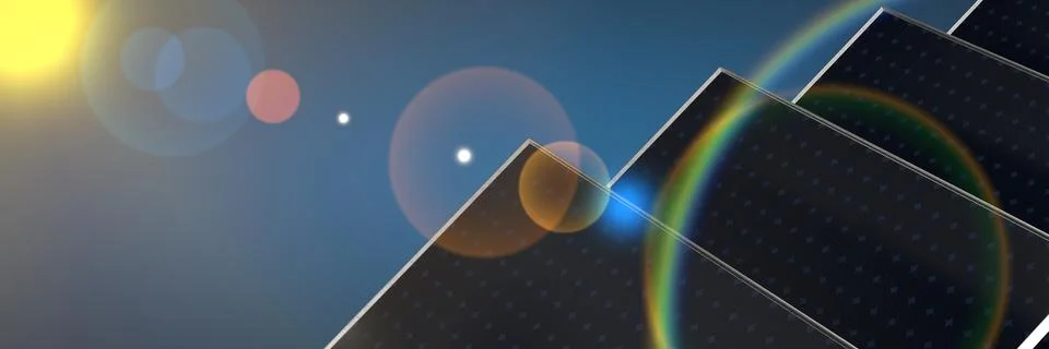 3d rendering of Closeup Of Solar Panels With Sunlight And Blue Sky Background Stock Illustration