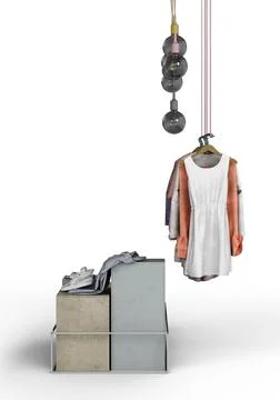 A 3d rendering of clothes hanging near boxes with shirts on top Stock Illustration