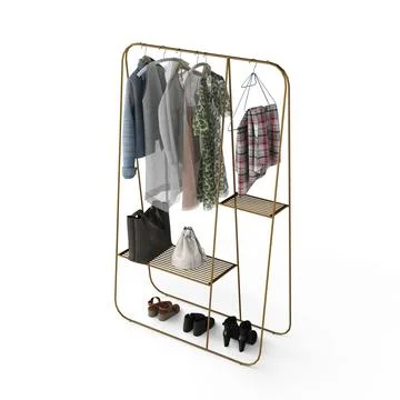 3d rendering of a clothing display featuring a selection of apparel and footwear Illustrazione stock