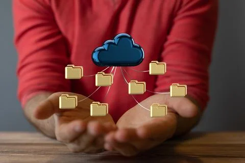 3D rendering of a cloud and documents with a real person in the background Stock Photos