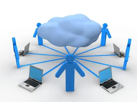 3D rendering of a cloud computing concept with human icons on a white background Stock Illustration