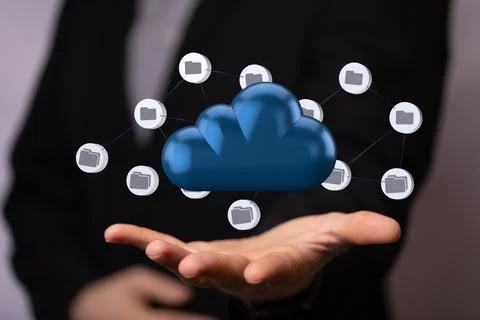 A 3D rendering of cloud with folders floating over hand- Cloud computing and  Stock Photos
