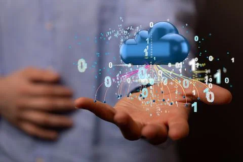 3D rendering of a cloud network with a real person in the background 写真素材