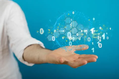 3D rendering of a cloud storage concept with numbers in the air and a man Stock Photos