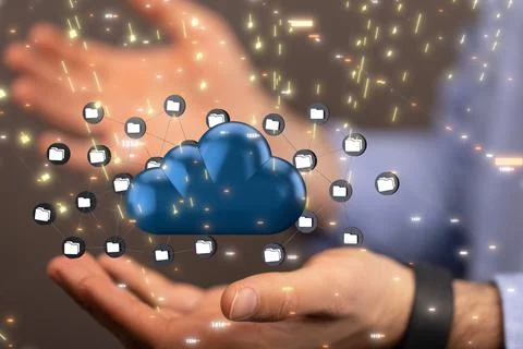3D rendering of a cloud storage system floating in the air 写真素材