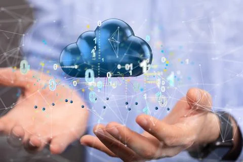 3D rendering of a cloud storage system floating in the air 写真素材