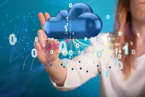 3D rendering of a cloud storage system floating in the air Stockfoto's