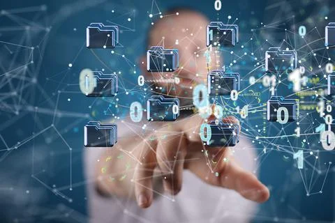 3D rendering of a cloud storage system floating in the air Stockfoto's