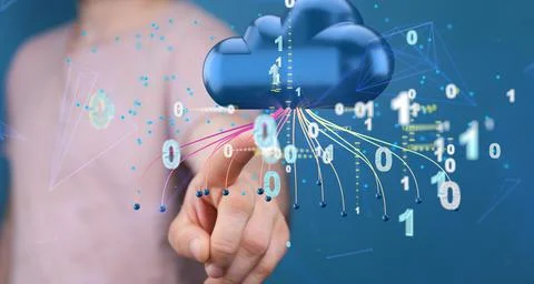 3d rendering of cloud technology with numbers and data and a finger pointing it Stock Photos