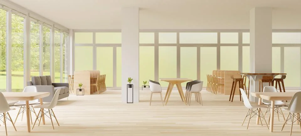 3d rendering ,Co-Working space ,empty place,white wall and wooden floor Stock Photos