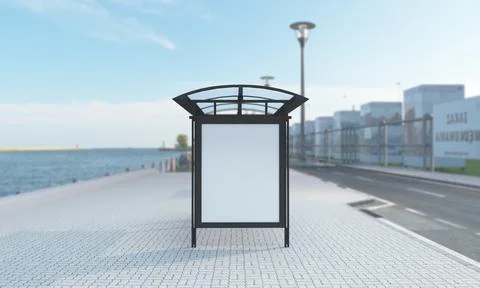 A 3D rendering of a coastal sidewalk with a bus stop shelter and a blank bill Stock Illustration