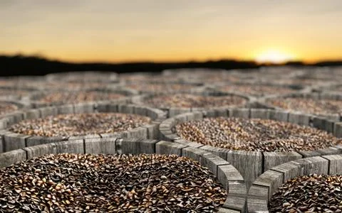 3d rendering of coffee beans in wooden barrel 스톡 일러스트