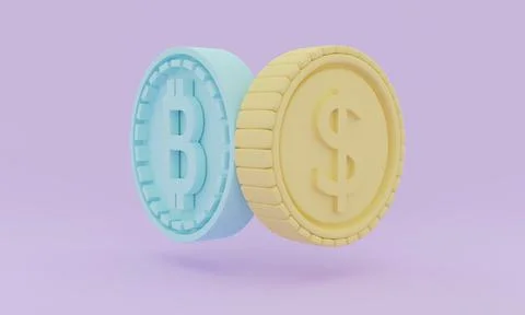 3D Rendering coin with bitcoin symbol vs coin with dollar symbol on purple .. Stock Illustration
