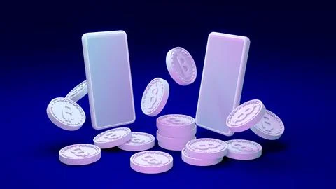 3D Rendering coins with B as referring to blockchain with phones on backgro.. Stock Illustration