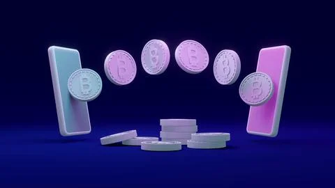 3D Rendering coins with B as referring to blockchain with phones on backgro.. Stock Illustration
