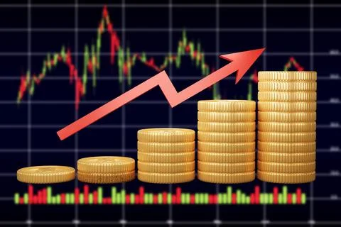 3d rendering coins stack and red arrow up with blurred financial chart back Stock Illustration