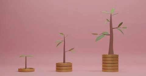 3D Rendering. Coins stack growth graph with trees on pink background. 스톡 일러스트