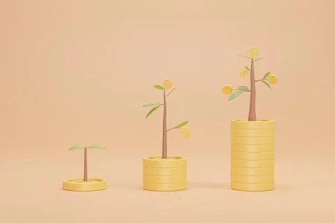 3D Rendering. Coins stack growth graph with tree. Illustrazione stock