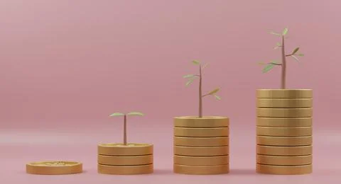 3D Rendering. Coins stack growth graph with trees on pink background. Illustrazione stock