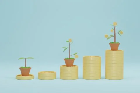3D Rendering. Coins stack growth graph with tree. Concept of Business investm Stock Photos