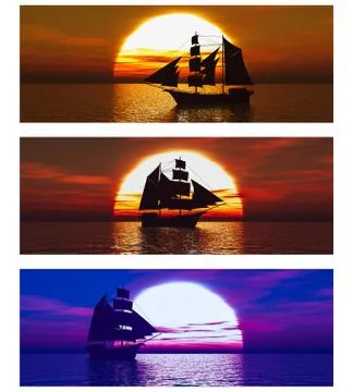 3D rendering of a collection of 3 banners with ships at sea. Stock Illustration