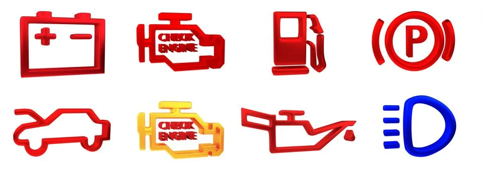 3D rendering. Collection of car dashboard panel indicators, yellow red green Stock Photos