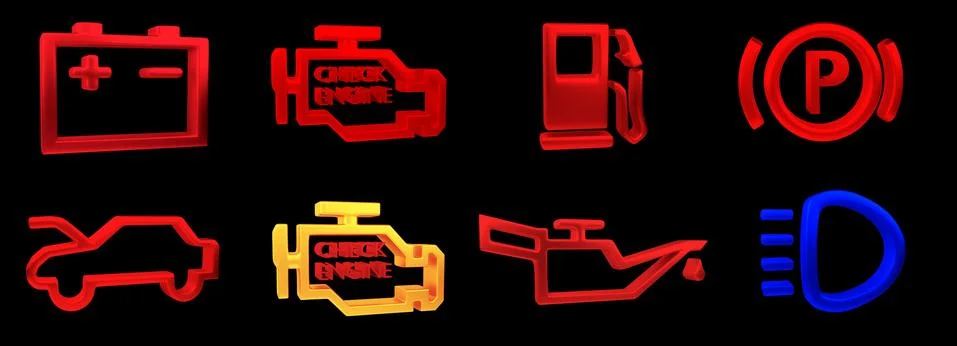 3D rendering. Collection of car dashboard panel indicators, yellow red green Stock Photos