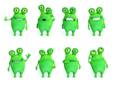 3D rendering collection of charming green monsters. Stock Illustration