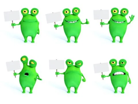 3D rendering collection of charming green monsters with blank signs. Stock Illustration