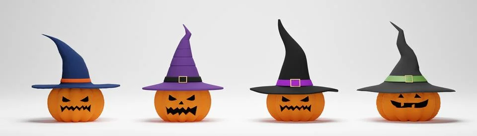 3D rendering. Collection of Halloween pumpkin wearing a witch hat on white ba Stock Illustration