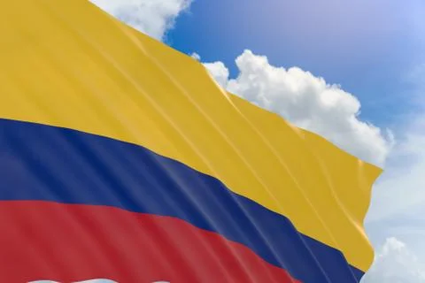 3D rendering of Colombia flag waving on blue sky background Stock Illustration