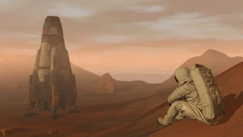 3D rendering. Colony on Mars. Astronaut sitting on Mars and admiring the scen Stock Illustration