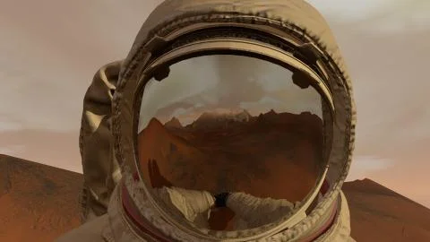 3D rendering. Colony on Mars. Astronaut sitting on Mars and admiring the scen Stock Illustration