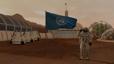 3D rendering. Colony on Mars. Astronaut saluting the UN flag. Exploring Missi Stock Illustration