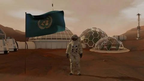 3D rendering. Colony on Mars. Astronaut saluting the UN flag. Exploring Missi Stock Illustration