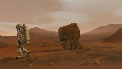 3D rendering. Colony on Mars. Two Astronauts Wearing Space Suit Walking On Th Stock Illustration