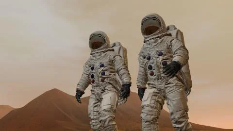 3D rendering. Colony on Mars. Two Astronauts Wearing Space Suit Walking On Th Stock Illustration